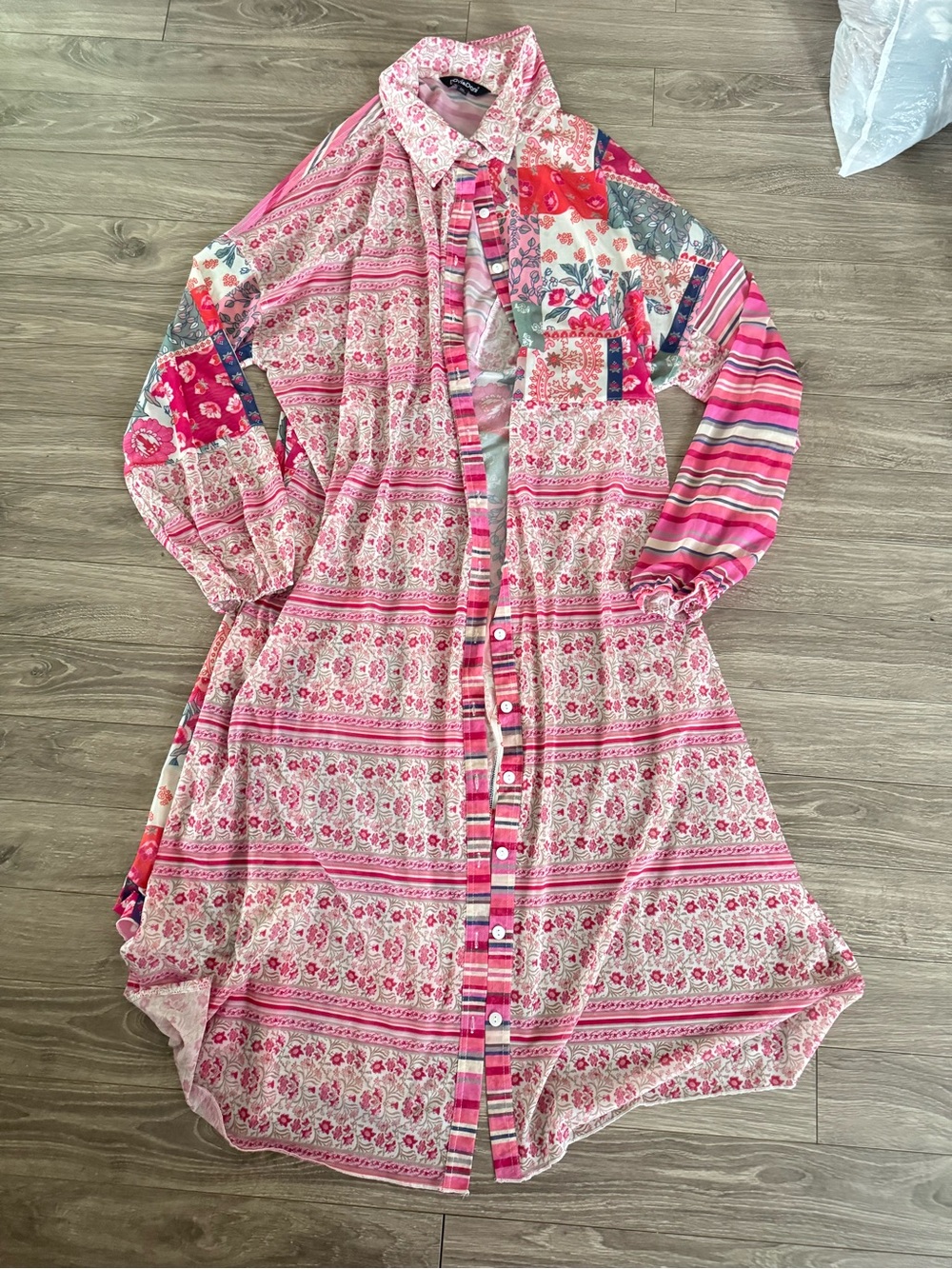 Pink Floral Patchwork Button-Up Sheer Duster